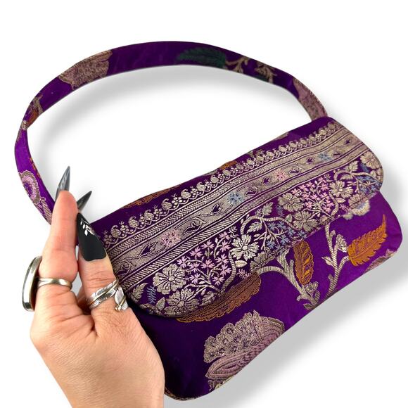 90's designer purple floral silk shoulder bag by SARAH SHAW LOS ANGELES - Picture 13 of 16